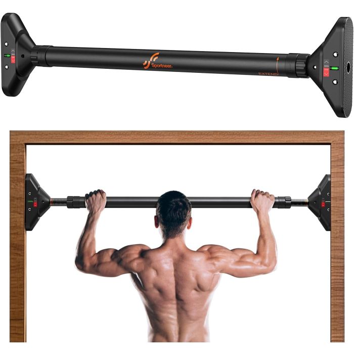 Sportneer pull up bar load capacity up to 200kg, horizontal bar without screws 75-94cm extendable, door bar with 16.5x4.5cm PVC Mats