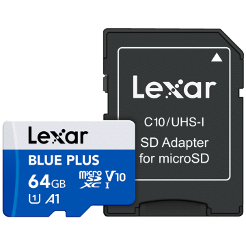 Lexar microSDXC Blue Plus UHS-I with SD Adapter, up to 100MB/s Read C10/A1/U1 (V10) 64GB (LMSBLPL064G-BNANG)