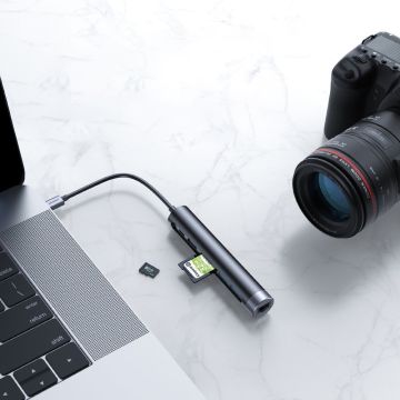 Joyroom Multifunctional USB Hub 7in1 Type C / 2 x USB 3.0 / HDMI 4K 30Hz / RJ-45 / SD Card Reader and Micro SD 100W 15cm gray (S-H111)
