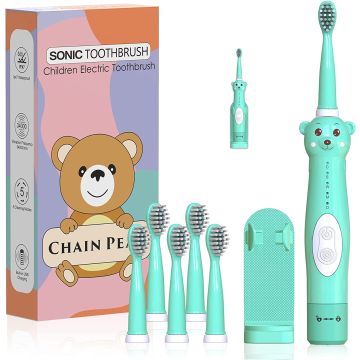 Chain-Peak Kids Sonic Electric Toothbrush Green + 6 Heads + Holder (B098T1DLGJ)