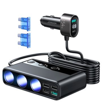 Joyroom 9in1 Laptop Car Charger 154W - 5x USB / 1x USB Type C / 3x cigarette lighter socket Power Delivery / Quick Charge / PPS / AFC / FCP black (JR-CL06)
