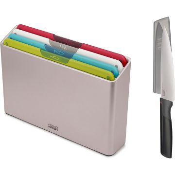 JOSEPH JOSEPH Folio Icon 4-Piece Chopping Board Set with Storage Case + Stainless Steel Japanese Elevate Knife - Silver