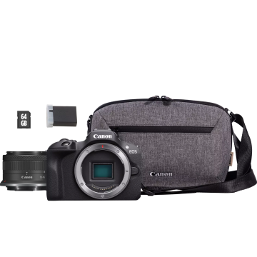 Canon EOS R100 + RF-S 18-45mm F4.5-6.3 IS STM Lens + Camera Bag + 64GB SD card