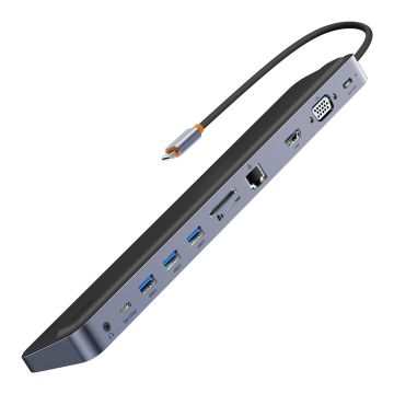 Baseus EliteJoy Gen2 11-Port Type-C HUB Adapter Dark gray（Type-C to HDMI*1+USB3.0*3+PD*1+VGA*1+SD/TF*1+RJ45*1+Type-C Data*1+3.5mm*1）